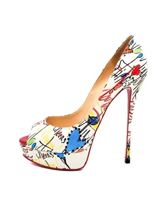 Christian Louboutin Fetish Peep 150 Graffiti Patent Leather Platform Pumps EU 38 - Picture 2 of 9